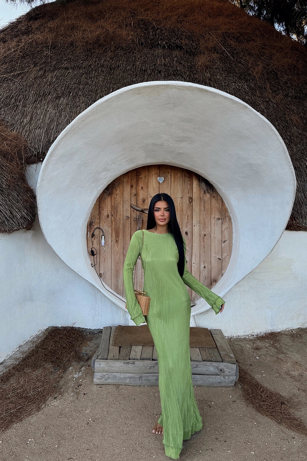 Crew Neck Pleated Green Satin Maxi Dress