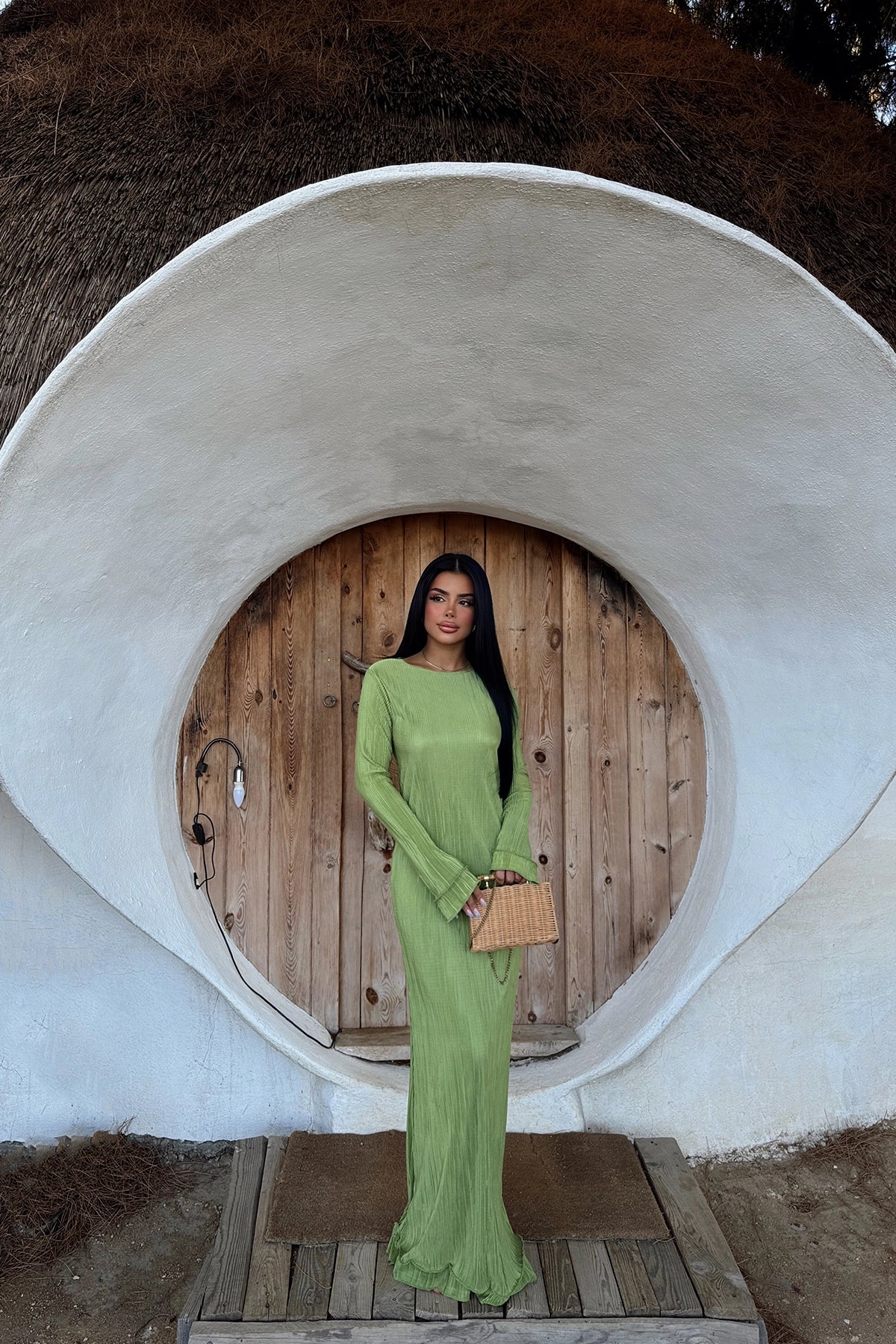 Crew Neck Pleated Green Satin Maxi Dress