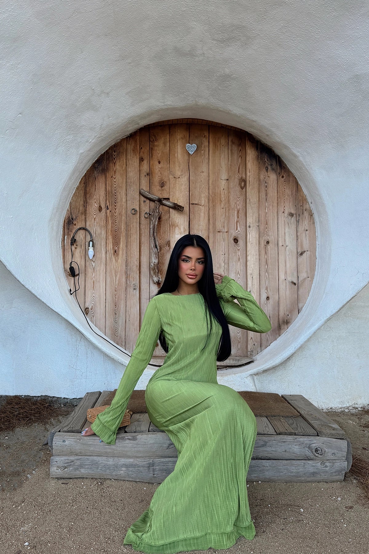 Crew Neck Pleated Green Satin Maxi Dress