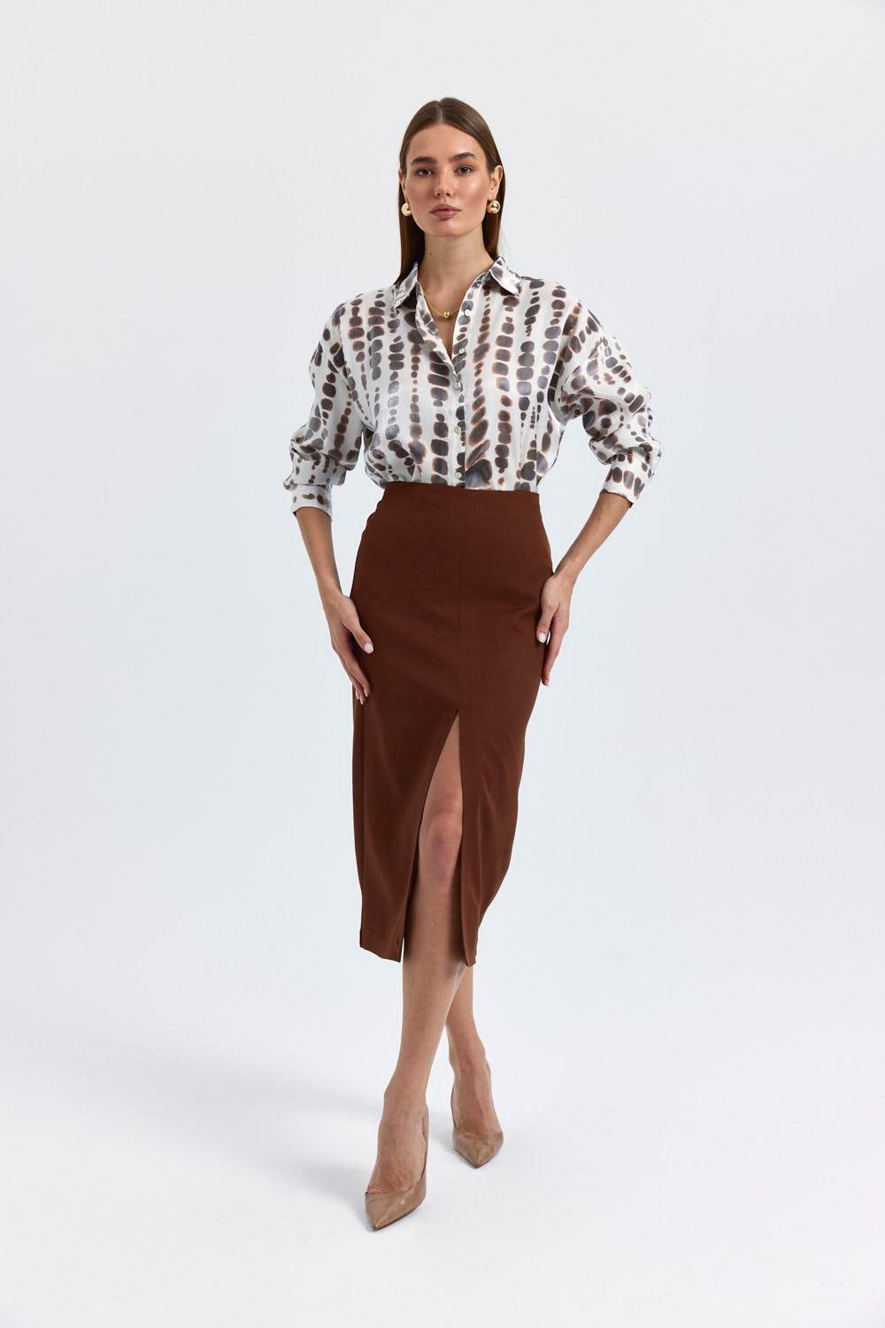 Slit Detailed Brown Midi Skirt