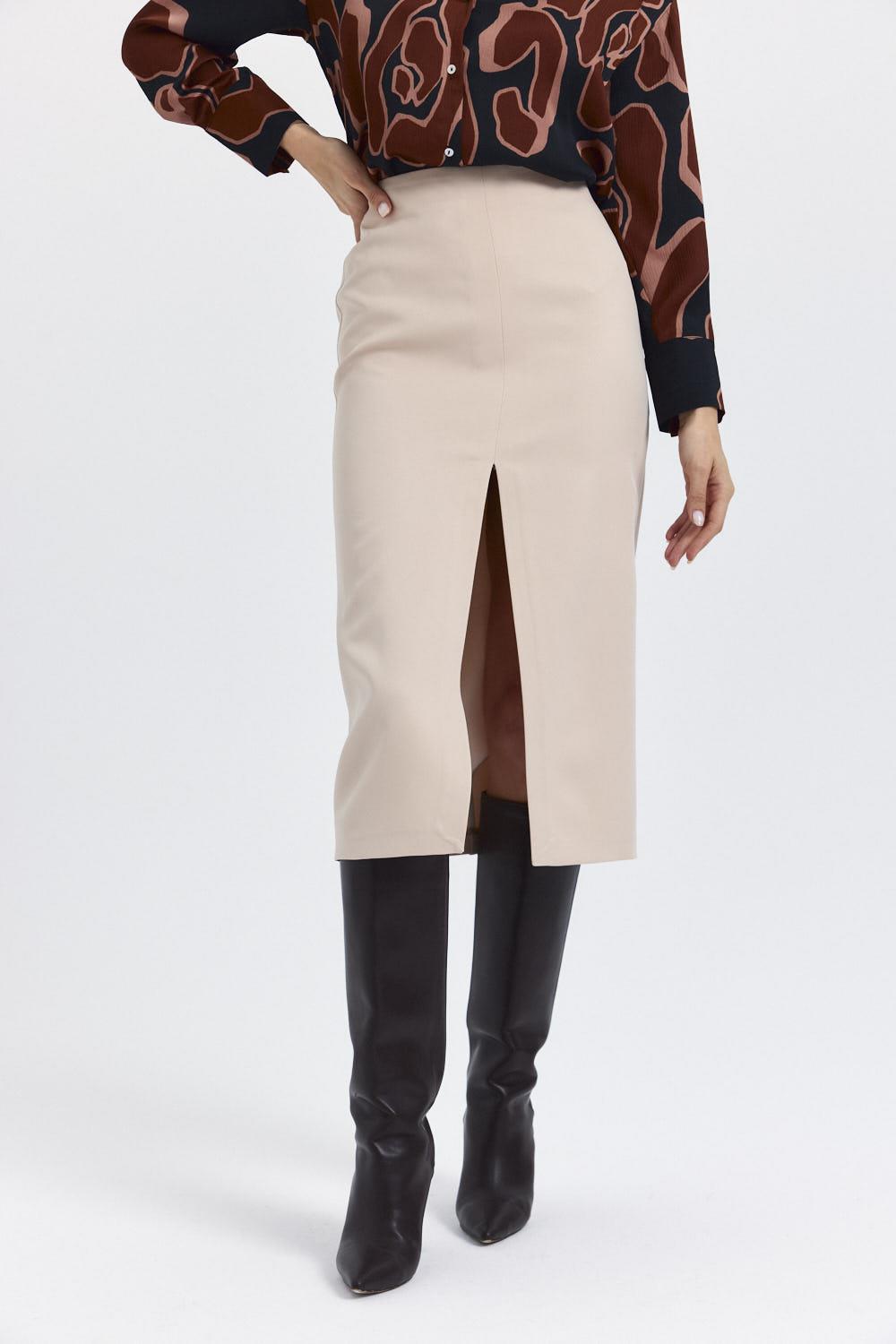 Slit Detailed Beige Midi Skirt