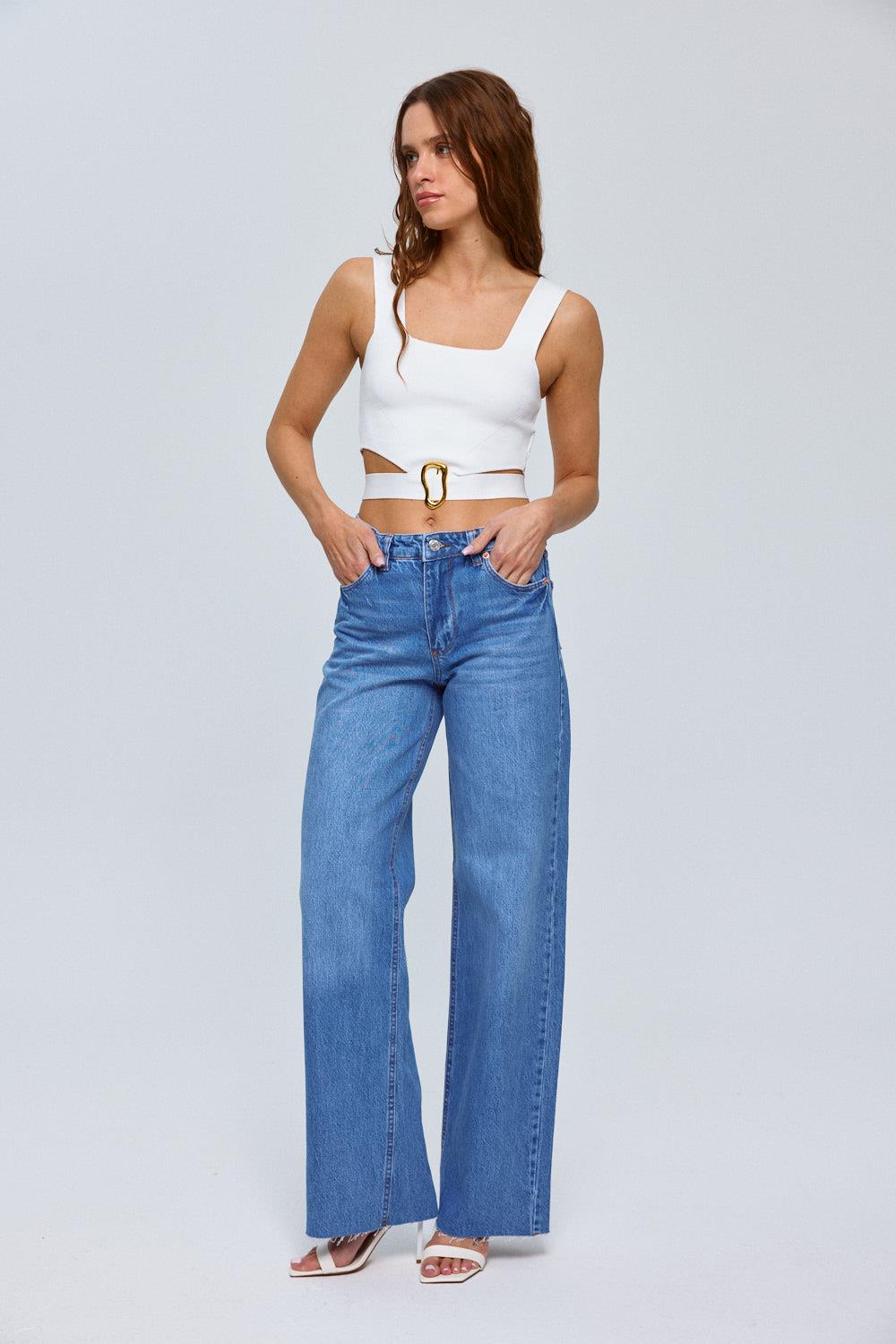 High Wide Leg Detail Blue Jeans for Women