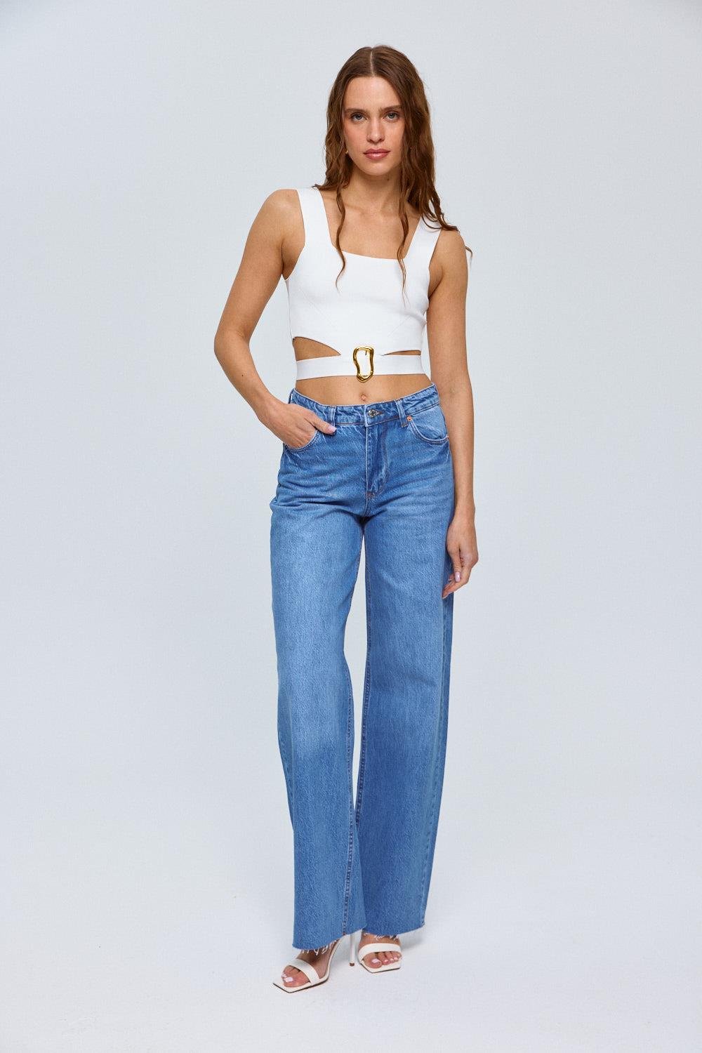 High Wide Leg Detail Blue Jeans for Women