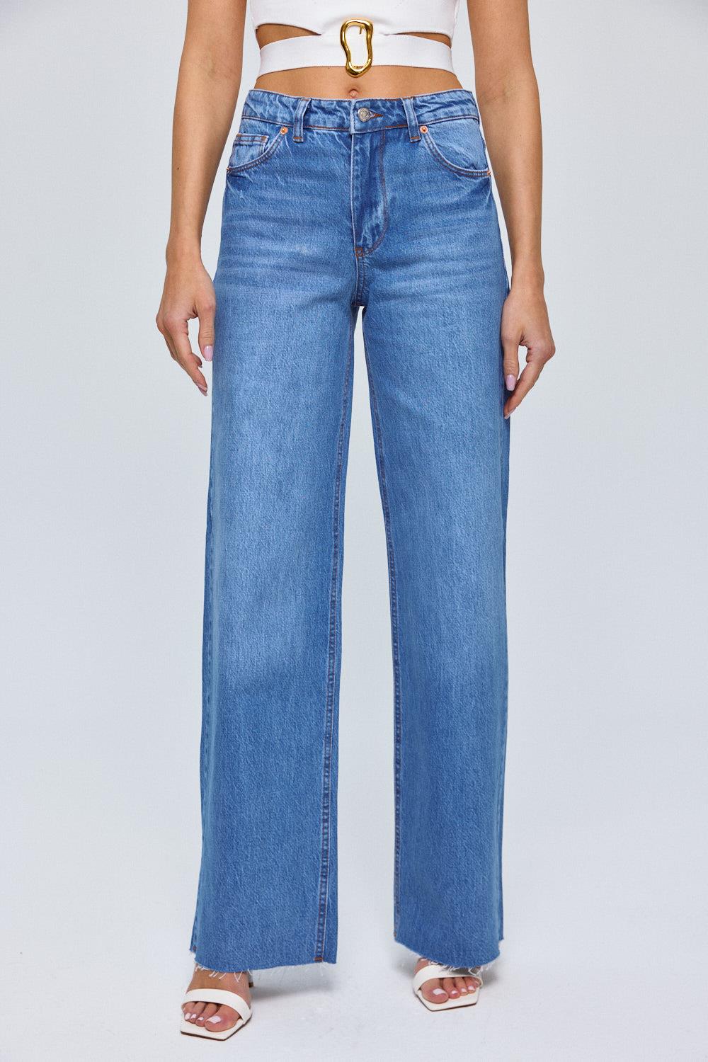 High Wide Leg Detail Blue Jeans for Women